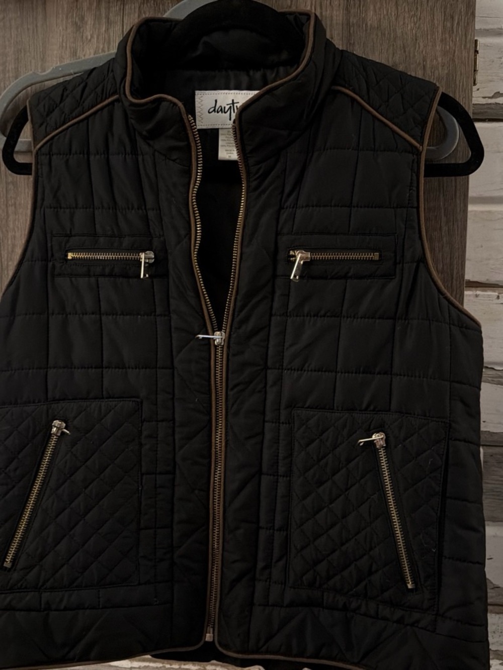 Daytrip Black Quilted Vest with Brown Piping and Gold Zippers